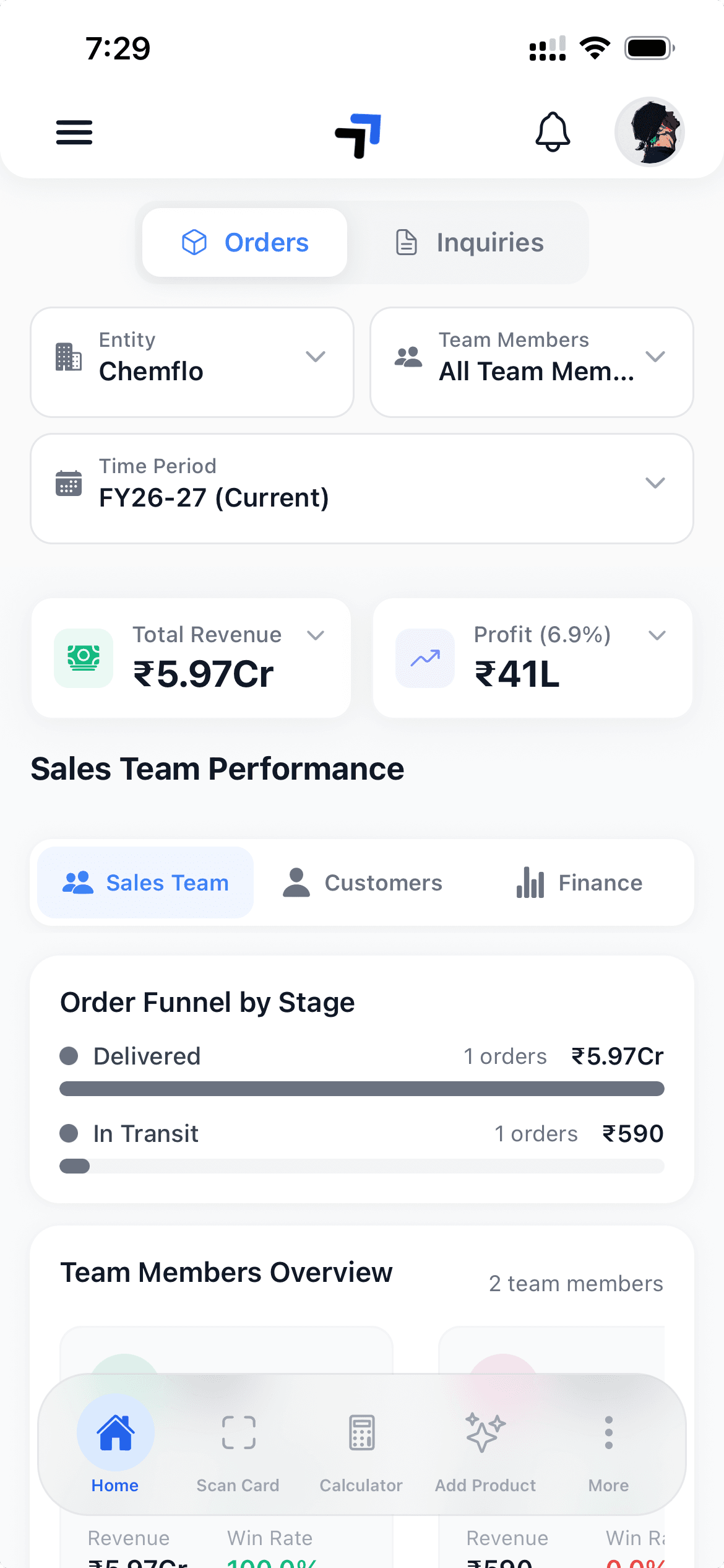 Chemflo CRM mobile app — orders, revenue and team performance