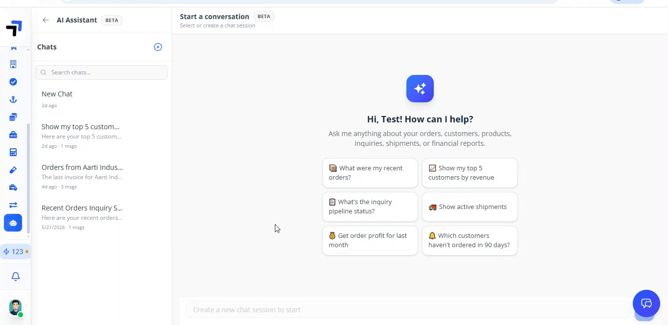 Chemflo AI assistant — ask anything about your data